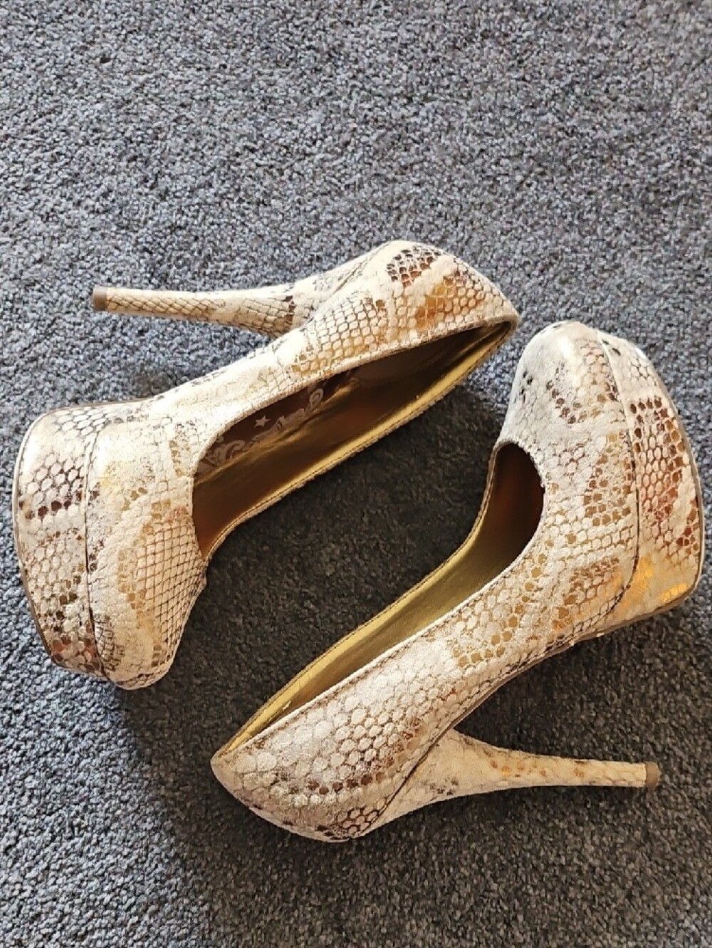 Snake-Print Platform Pumps in Beige
